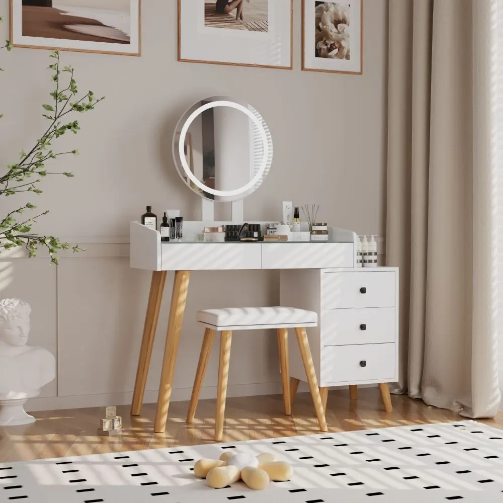 Dressing Table LED Lights Glass Top Dressing Table Extendable Side Table 5 Drawers Dressing Table Mirror and Stool for Bedroom