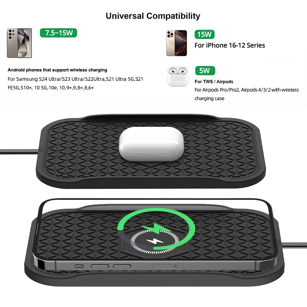 Bonola Silicone Car Wireless Charger Non-Slip Pad for iPhone 18Pro/17/16/15/14/13 Induction Fast Wireless Charging for Samsung