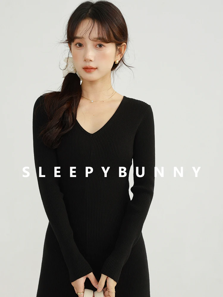 

Slim V Neck Knit Dress Women Fall Winter Long Sleeve Bodycon Midi Sweater Dress Elegant Waist-Cinching A-Line Inner Layer Outfit
