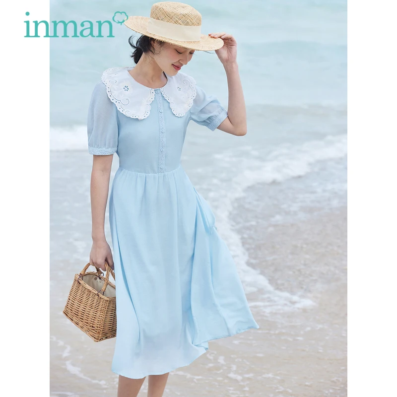 

INMAN Women Dress 2023 Summer Puff Sleeve Hollow Lace Embroidery Lapel Lace Up Waist A-shaped Romantic Blue Mid-length Skirt