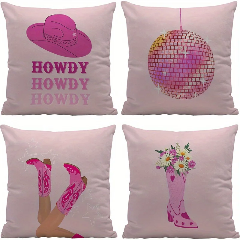 Home Decor Cowboy Style: Hat, Disco Ball, Cowboy Boots Pattern Cushion Cover Suitable for Sofa Bedroom Car Pillow Cover