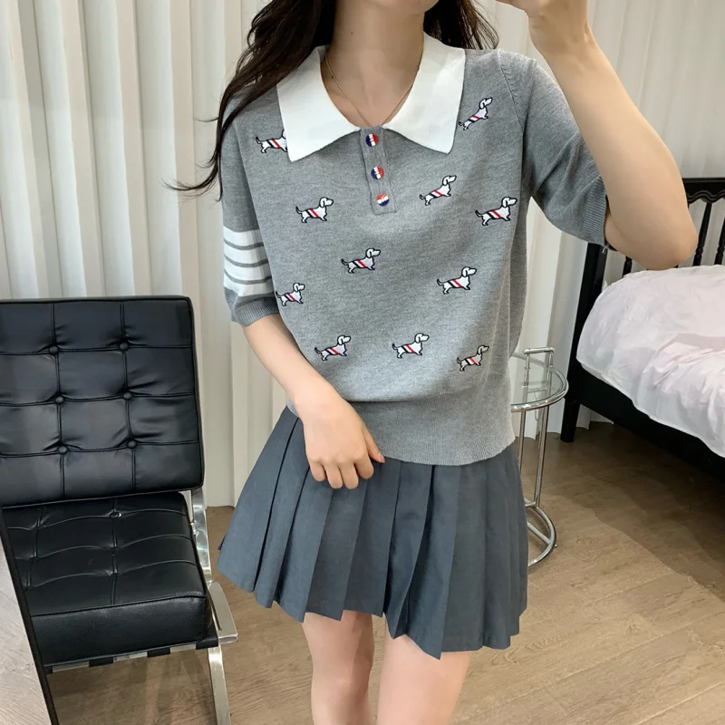 

TBCollege Style Embroidery Cartoon Puppy Dog Contrast Color Lapels KnittedTWomen's T-shirt Four-Bar Short Sleeve Ice SilkpoloTre