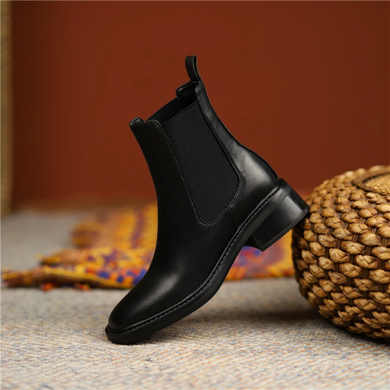 Meotina Women Real Leather Ankle Boots Thick Mid Heel Platform Chelsea Boots Square Toe Ladies Boots Autumn Winter Apricot 40