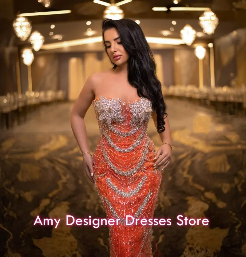 매력적인 오렌지 이브닝 드레스 크리스탈 인어 웨딩 파티 드레스 갈라 우아한 스팽글 댄스 파티 드레스 로브 드 소와레 맞춤 제작