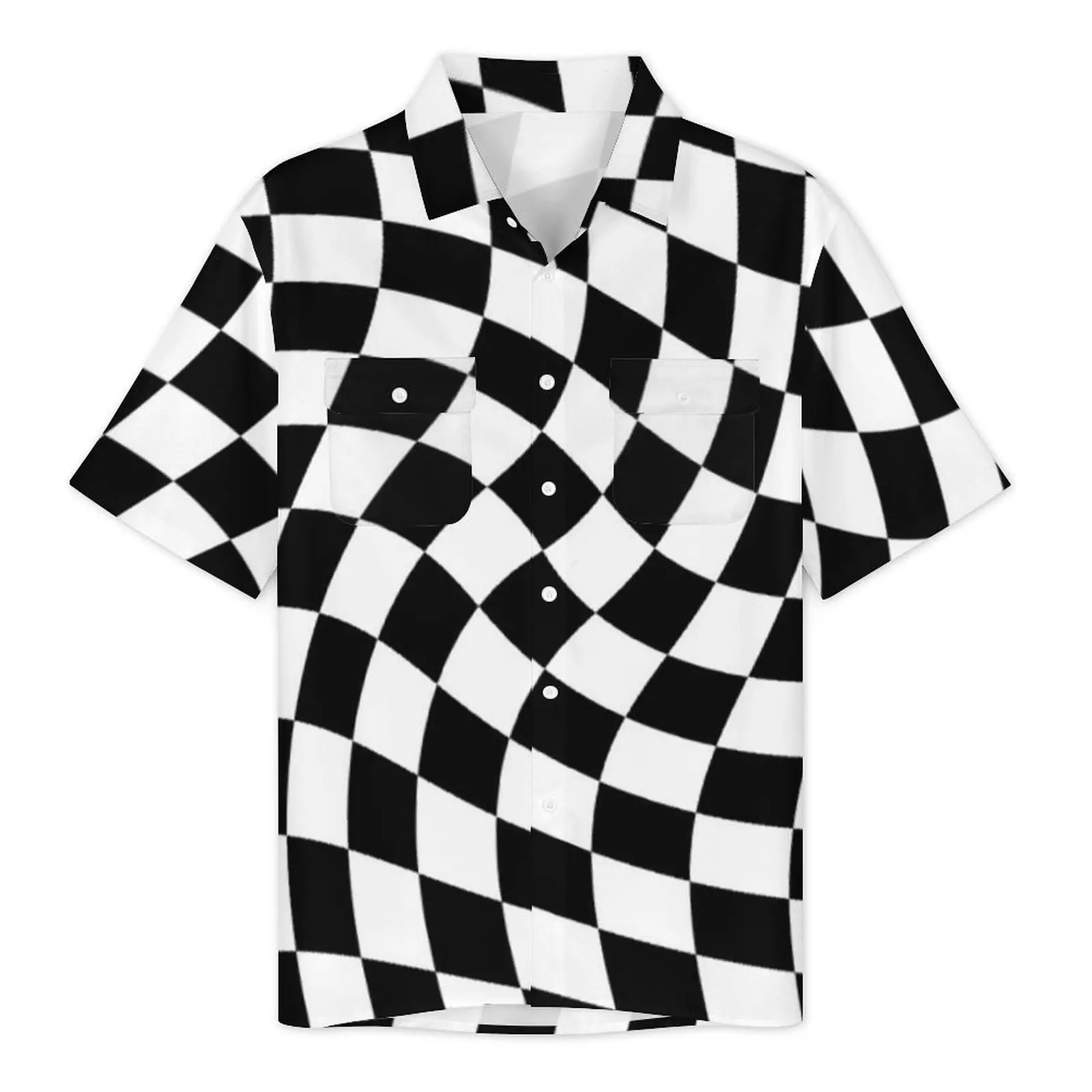 เสื้อฮาวายห้องพักช่วงวันหยุดบทคัดย่อ Checkerboard เสื้อสีดําสีขาว Checker Vintage เสื้อลําลองผู้ชายแขนสั้น Oversize Tops