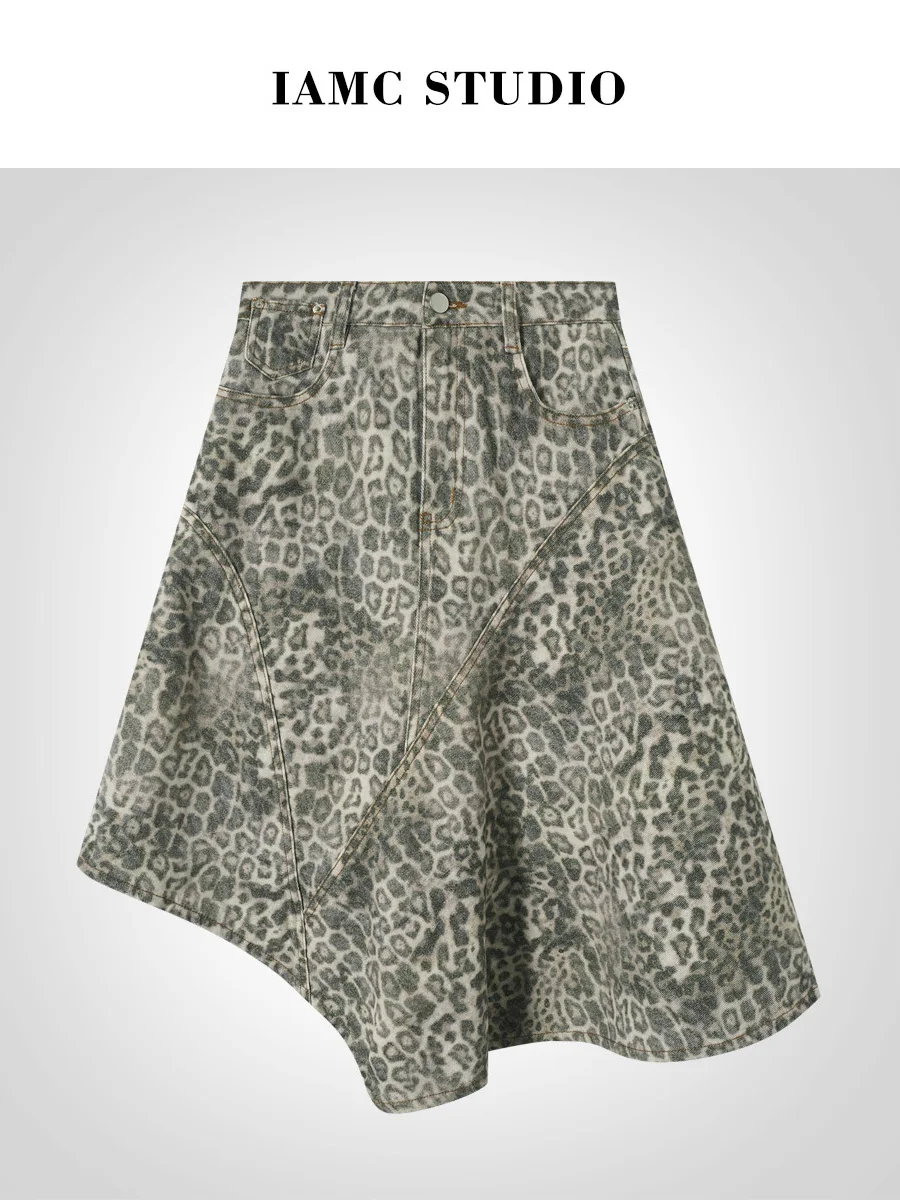 

IAMCPLUS Retro Leopard Print Denim Skirt Women's Asymmetrical Hem High Waist Slimming ort Skirt Casual Cotton Blend