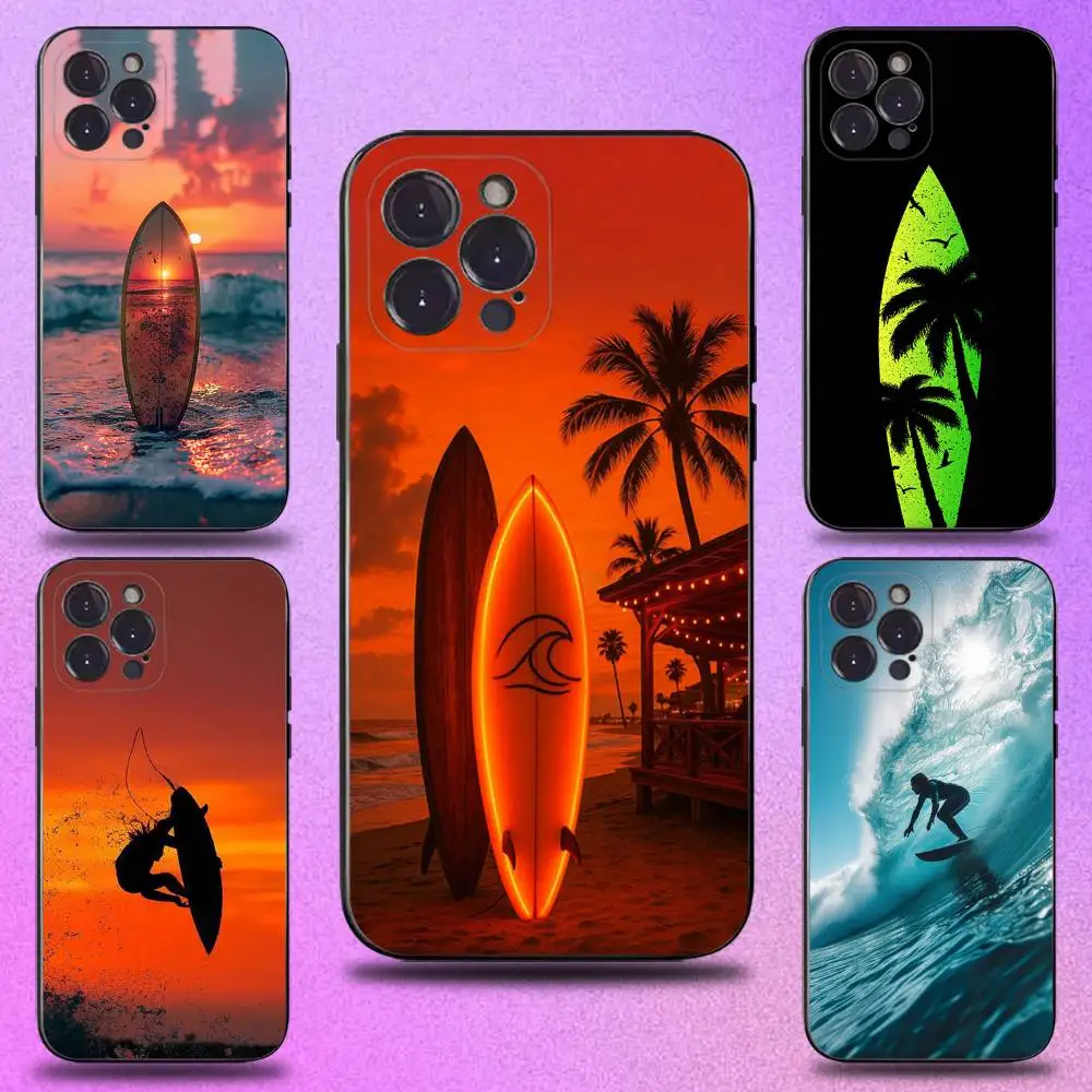 

Surfboard Sea Phone Case For iPhone 16,15,14,13,12,11 Plus,Pro Max,XS,X,XR,SE,Mini,8,7,Soft Silicone Black Cover