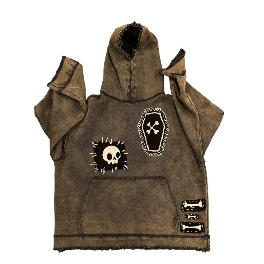 Stylish Washed Hoodie with Patchwork Design 450g Heavyweight Comfortable Casual Sweatshirt