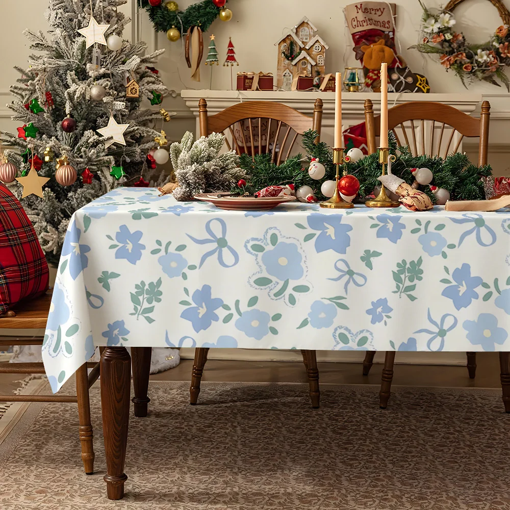 Blue Floral Green Foliage Waterproof table cloth, splash-proof tablecloth, for party, Halloween, Christmas, dining, camping