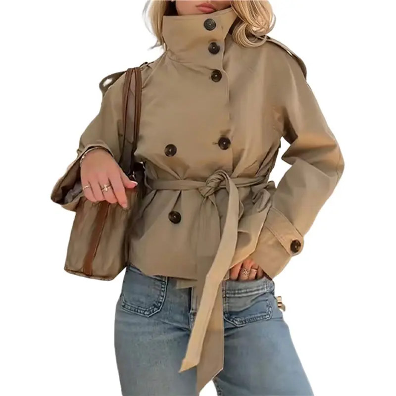 Imagen 3: ABRT - Gabardina Corta para Mujer, Estilo Trench, Doble Botonadura, Cuello Alto, Abrigo de Otoño e Invierno, Atuendo Moderno con Cinturón