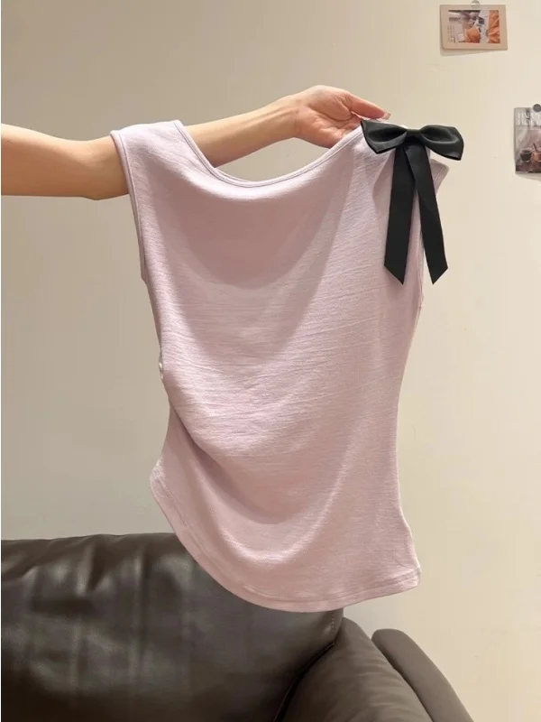 

Slim Fit Decorated Color Block Sleeveless T-Shirt Women's Top Outlet Store Light Purple 3D Embellishment Commute Style