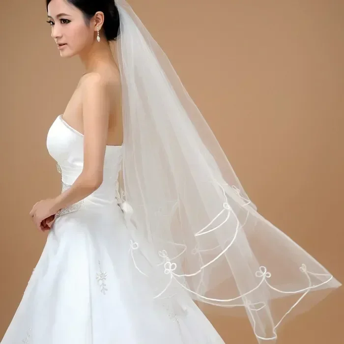 Cheap Simple Tulle Wedding Veils Ribbon Edge Bridal Accesories White Ivory ACCESSORIES Voile Long Mariage