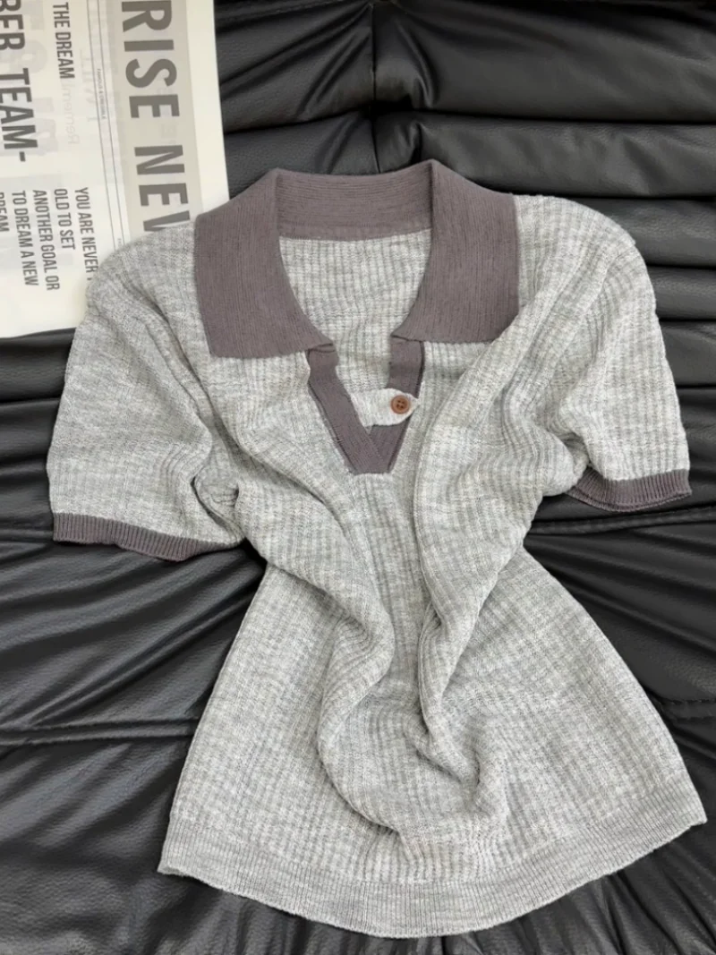 

Summer Casual Neck Short Sleeve Knitted Shirt Women's Self-Keeping Style Color Block Striped Top Korean Version Straight...