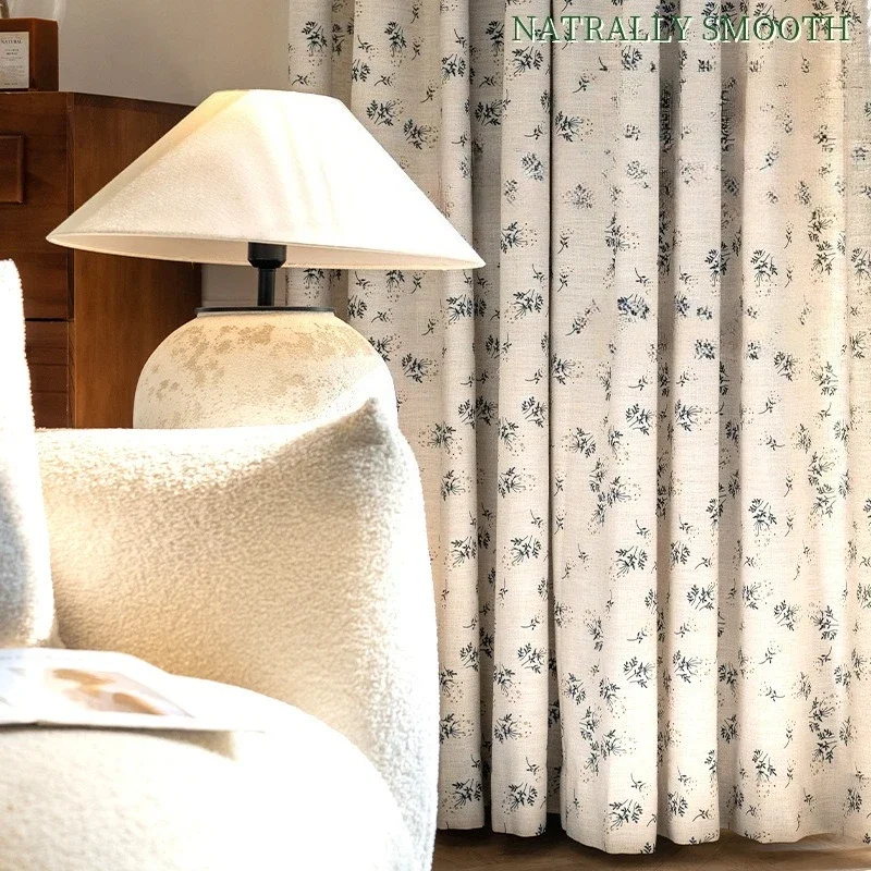 Cotton and Linen Small Floral Print Curtains Custom Size Light-impermeable Curtain Decor for Living Dining Room Bedroom Balcony