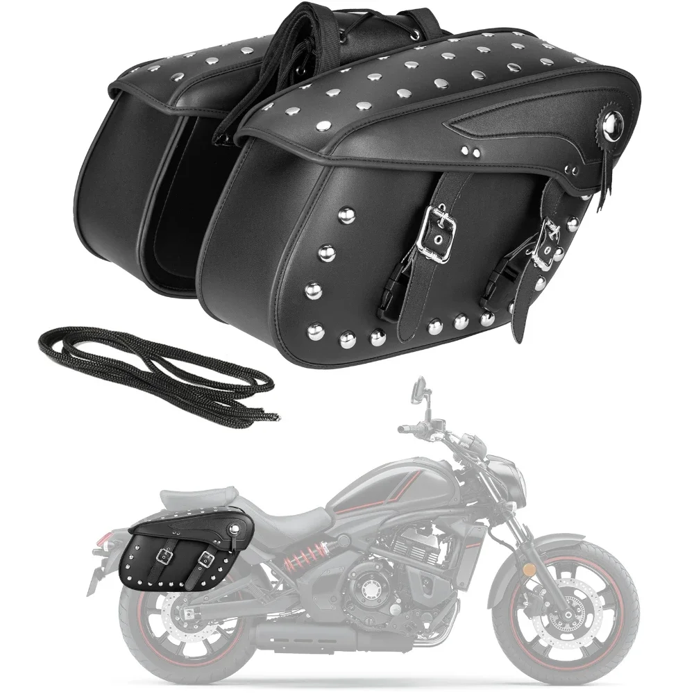 Motorcycle Saddlebags Rivets Style PU Leather 50L Large Capacity 43x15x26 Waterproof Universal Motorcycle Racing Tool Bags