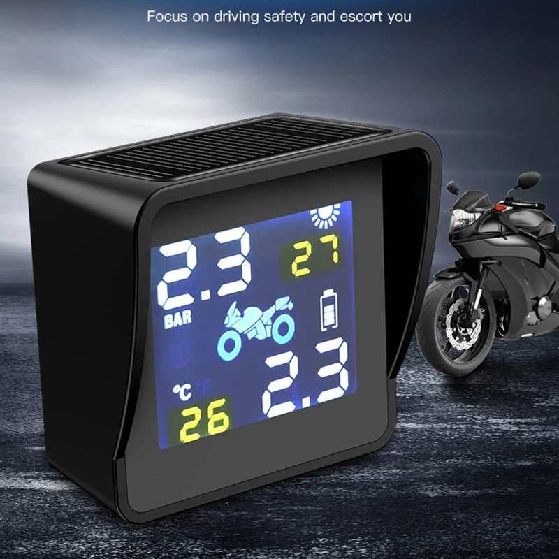 

Motorcycle TPMS With LCD Solar Charging Motor Tire Pressure Temperature Monitoring Alarm System Wireless Pressure Monitoring Sys