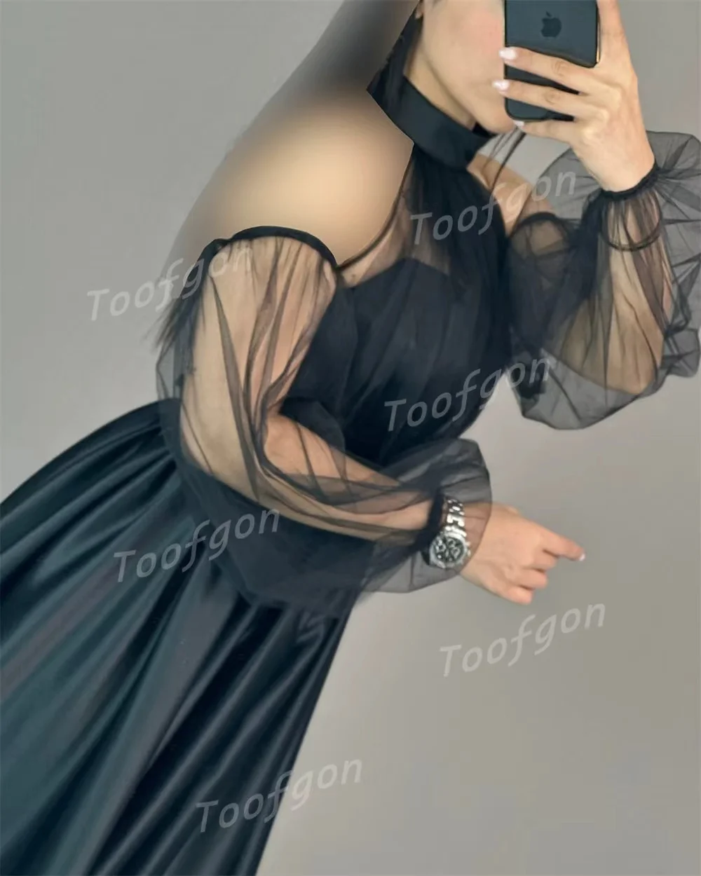 Toofgon alta halter preto vestidos de noite fora shouder manga longa uma linha vestido cetim tule formal vestido de festa personalizado