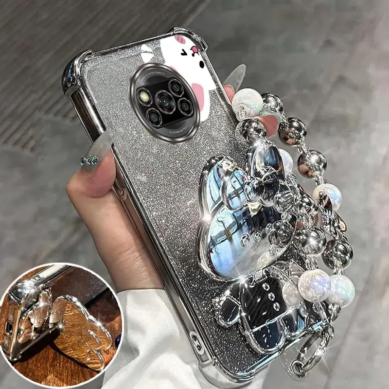 Airbag Glitter Mirror Rabbit Phone Holder Case On For Xiaomi Mi Poco X3 M4 F3 F4 F5 Pro GT Redmi A3 4G 5G Anti-knock Stand Cover - view 3