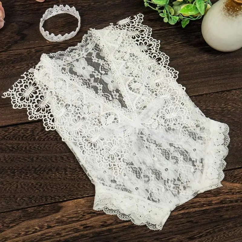 Q0KB 2 Pcs/Set 0-1Month Newborn Photography Props Baby Crown Headband Lace Hollow out Romper Bodysuits Outfit Girl Costume Photo