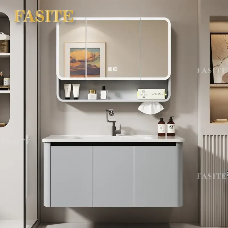 For Bathroom Ceramic Integrated Basin Vanity Cabinet with Intelligent Storage Mirror Countertop Washbasin Combo Modern Home