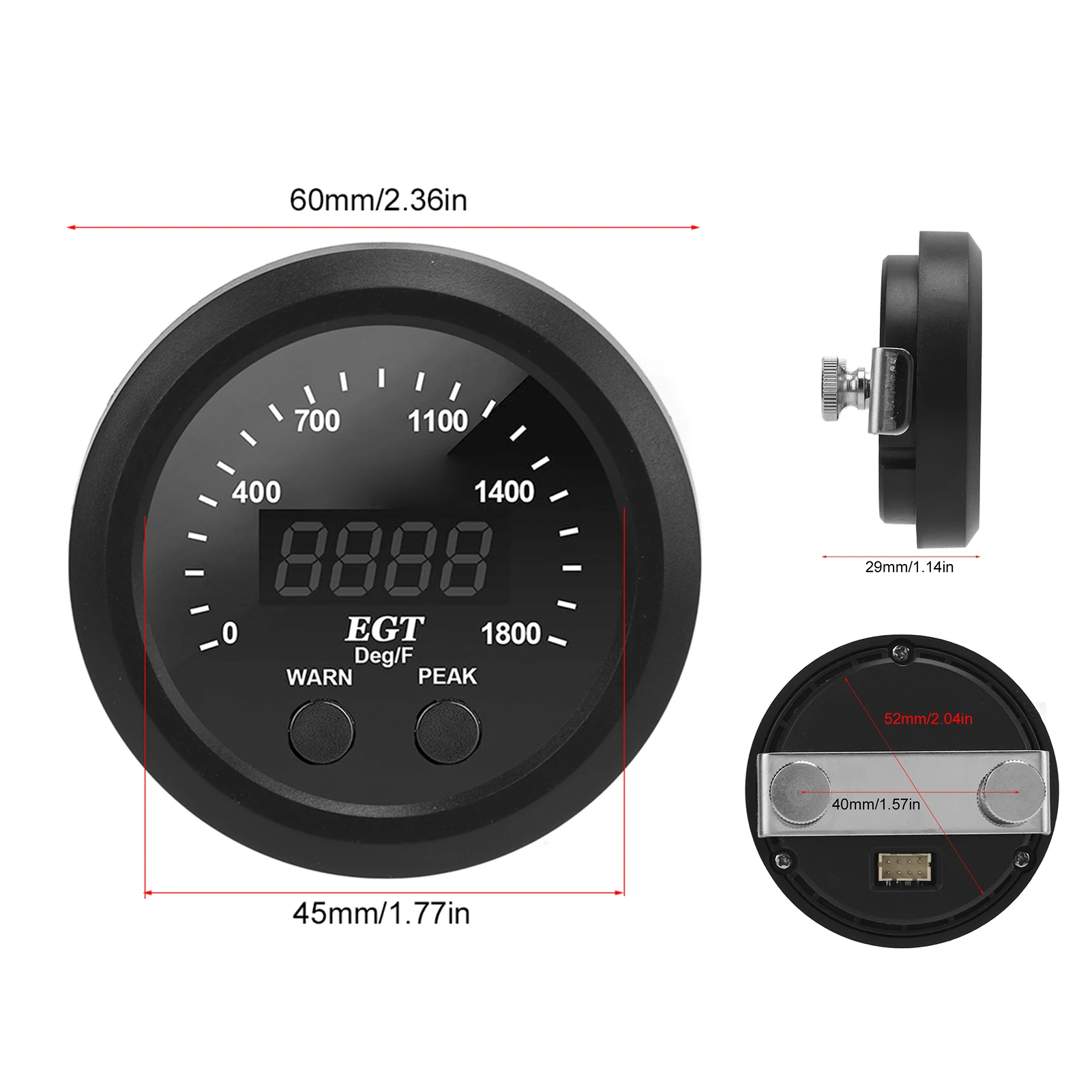 EGT Meter Car Exhaust Gas Temperature Gauge 2‑1/16in 52mm Ultra Thin 0‑1800℉ Red LED Universal with Sensor - view 6