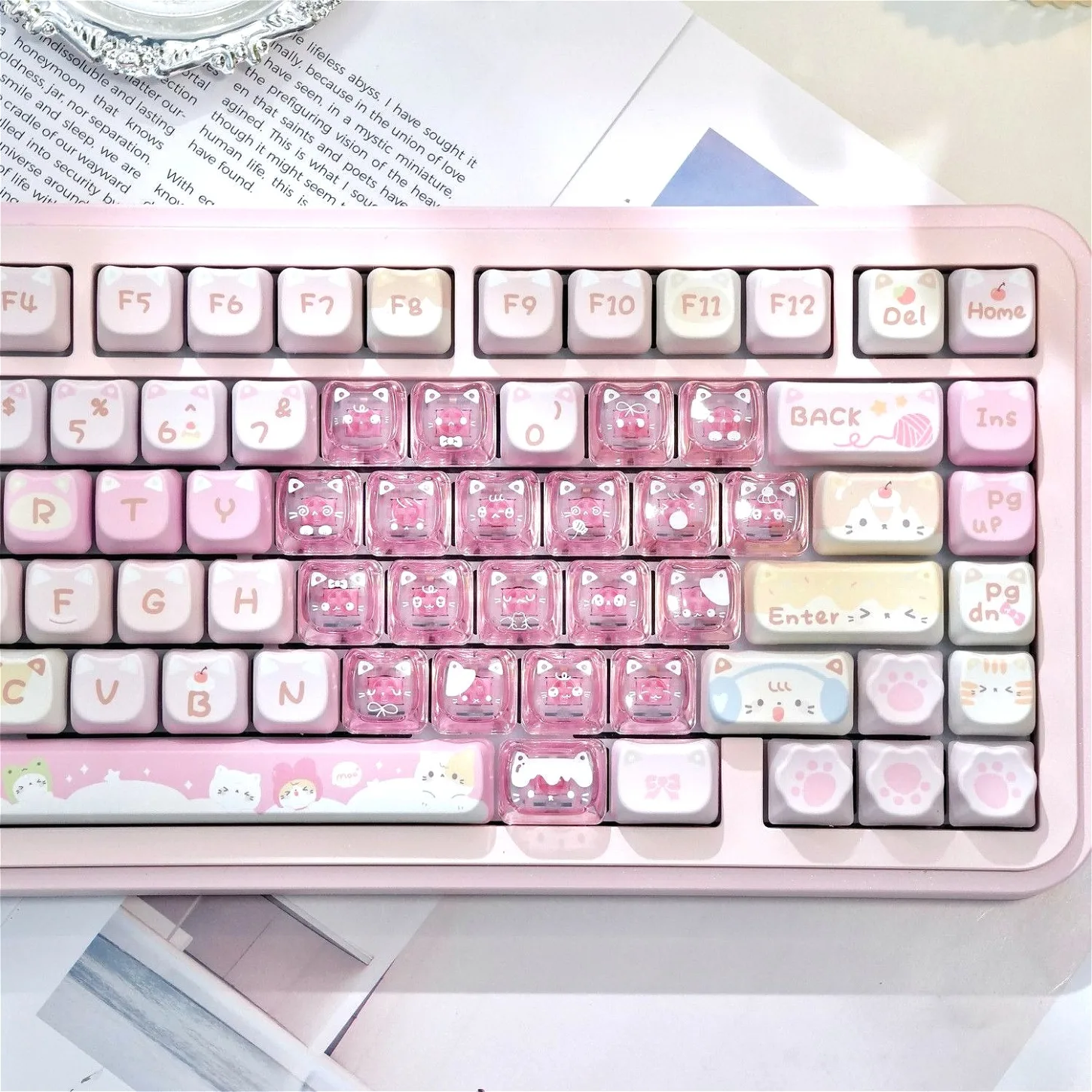 Kawaii Meow Squad Heart Keycap 21 Keys Transparent PC MAO Profile for Magnetic Keyboard Cute Pink White Black DIY