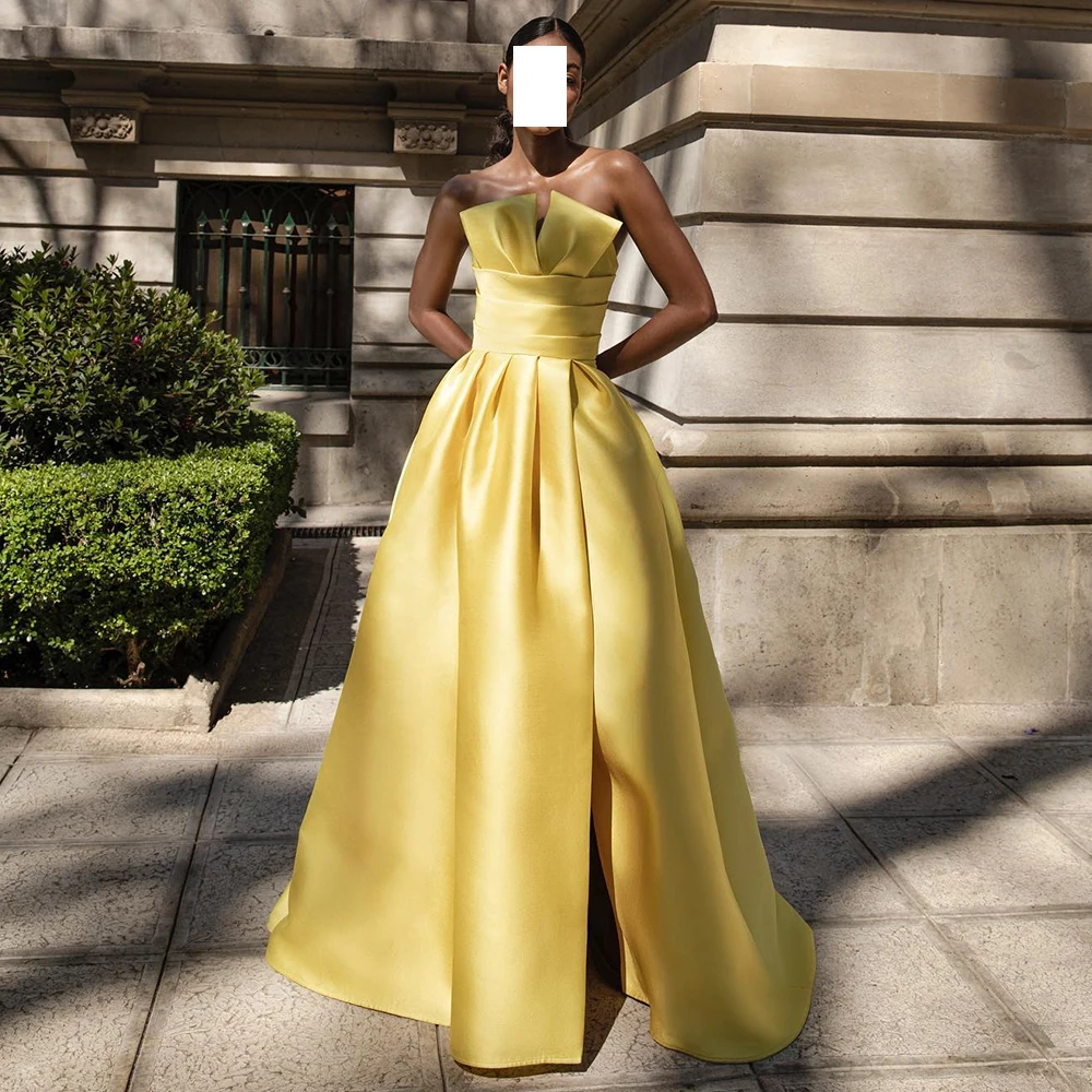 

A-Line Side Silt Pleats V-Neck Solid Color Sleeveless Floor Length Satin saudi evening Party dresses Bespoke Occasion Gowns