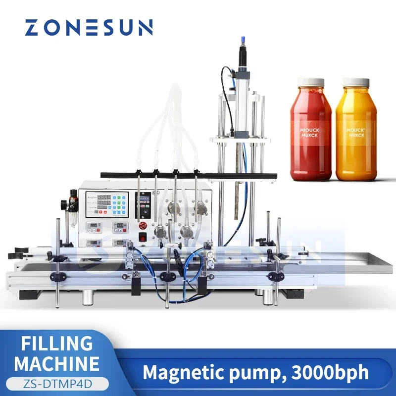 

Zonesun Automatic Liquid Bottle Filling Machine ZS-DTMP4D Diving Nozzles Tabletop Essential Oil Juice Filler With Conveyor