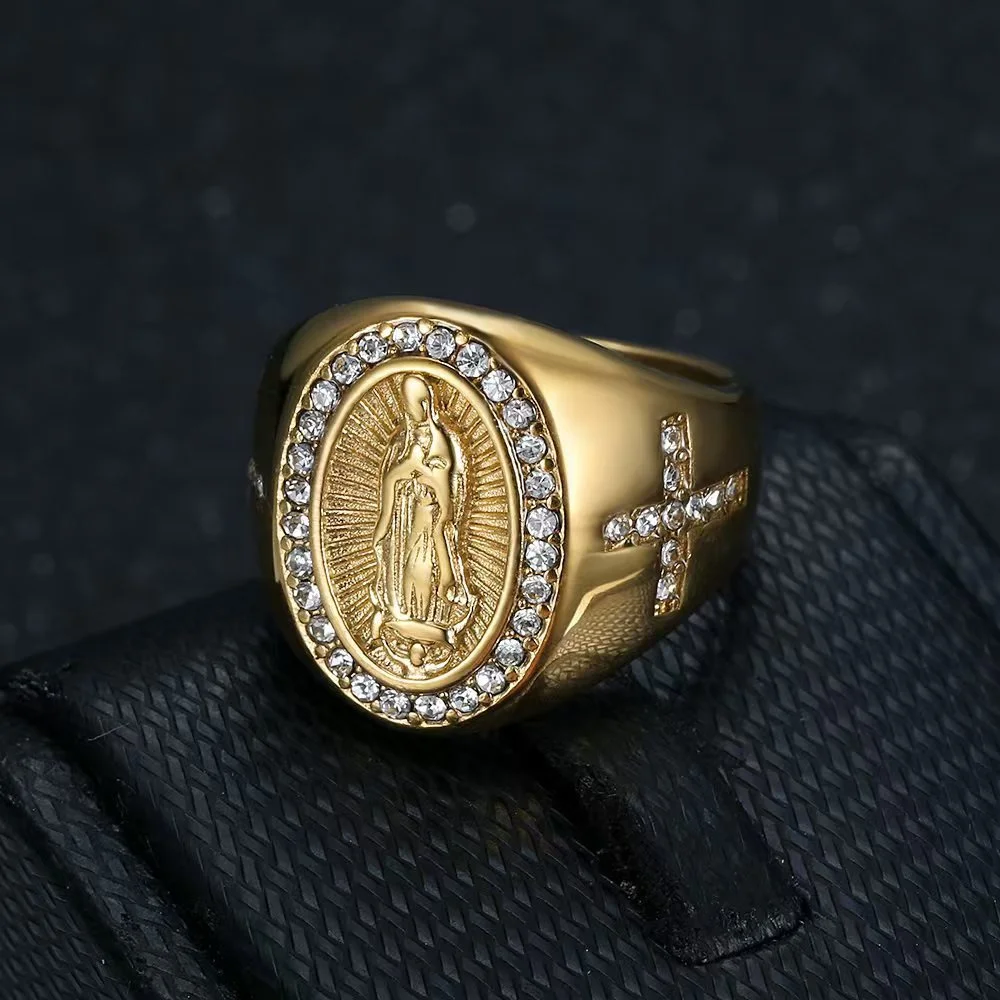 Hip Hop Iced Out Jesus Cross Ring Male Gold Color Stainless Steel Cubic Zirconia Christian Rings For Men Religious Jewelry Gift