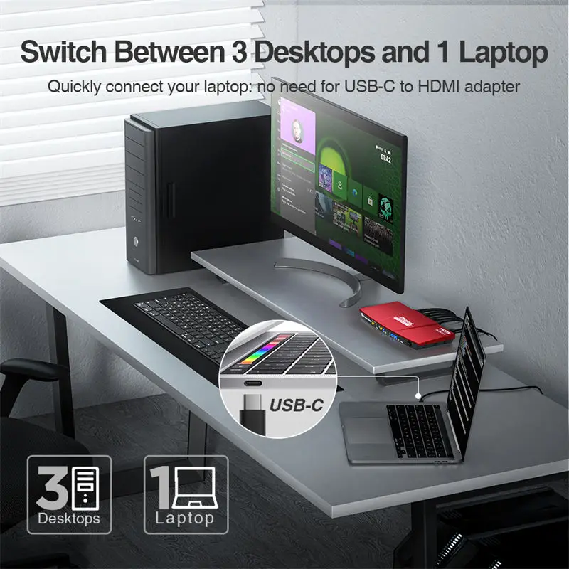 TESmart H D M I USB C KVM Switch Input 3 H D M I 1 USB C مخرج مع EDID 4K60 هرتز L/R مخرج صوت 4x1 KVM Switch #1