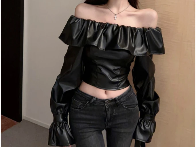 

2025 Spring New Design Sense One Shoulder Black Long Sleeve Leather Top for Women