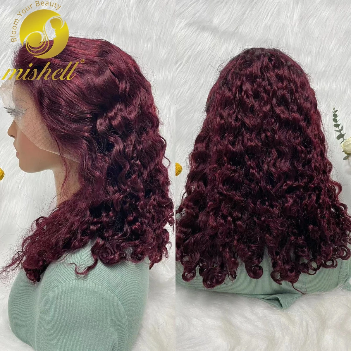 

200% Density 99J# Burgundy Water Wave Human Hair Wigs Short 13x4 Transparent Lace Front Curly Wig with Baby Hair for Black Women