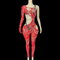 Sexy Celebrity Nightclub Bar Party Stage Performance Jumpsuit Women Sparkling Metal Chain Sleeveless Cut Out Bodycon Costume