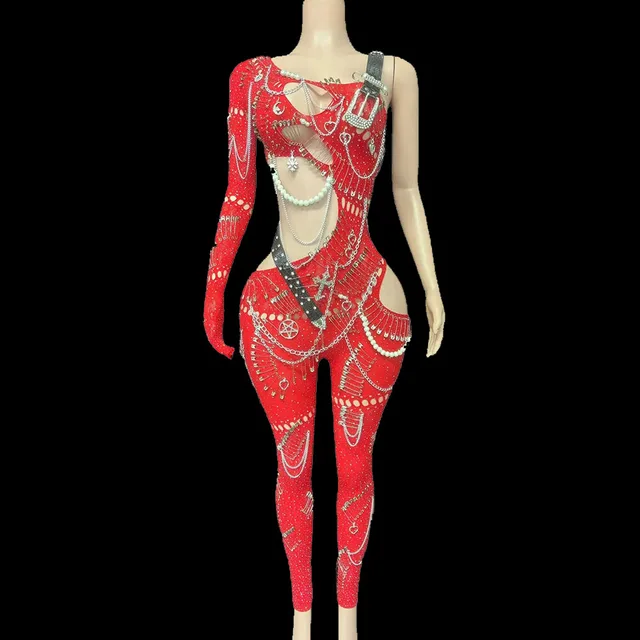 Sexy Celebrity Nightclub Bar Party Stage Performance Jumpsuit Women Sparkling Metal Chain Sleeveless Cut Out Bodycon Costume
