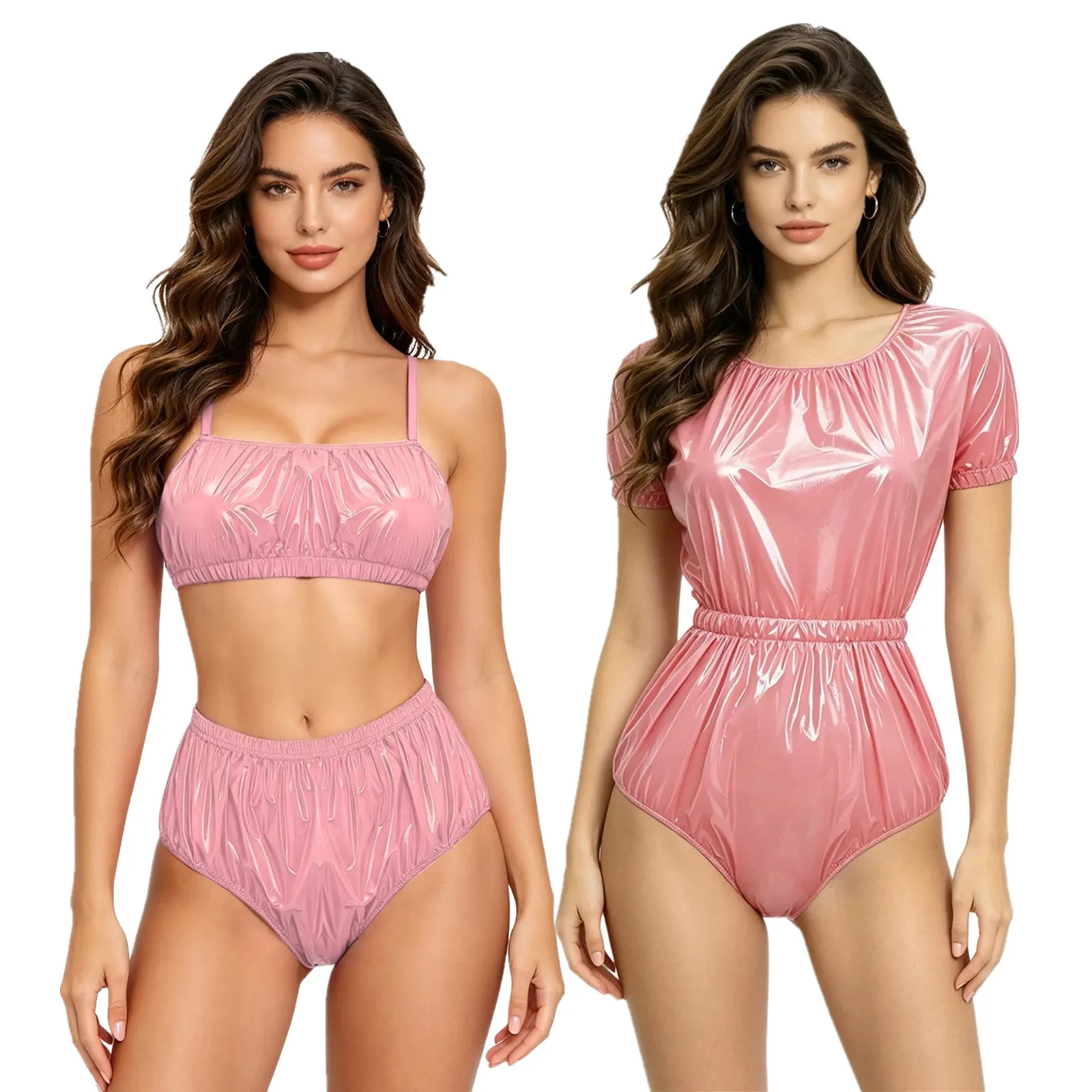 Conjunto de Bikini Brillante de PVC para Mujer, Traje de Baño de Dos Piezas, Bralette sin Relleno ni Aros, Braguitas de Cintura Alta, Ropa de Playa