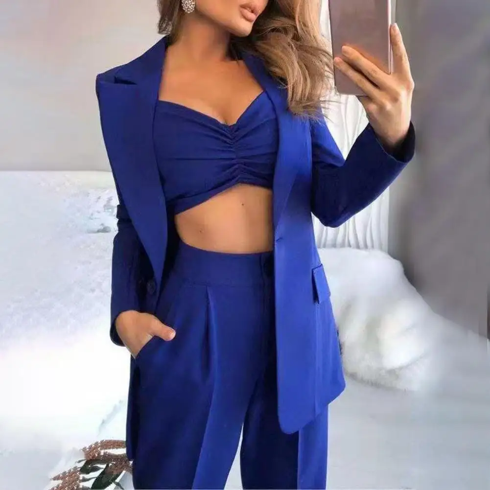 

3Pcs/Set Women Suits Blazer Coat Pant Top Summer Single Button Sling Breathable Turndown Collar Office Lady Jacket Suit S-3XL