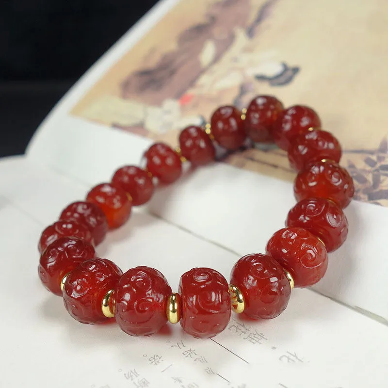 Natural Red Agate Carved Palisade Beads Single Ring Bracelets for Men and Women Yellow Agate Fashion Simple Bracelet