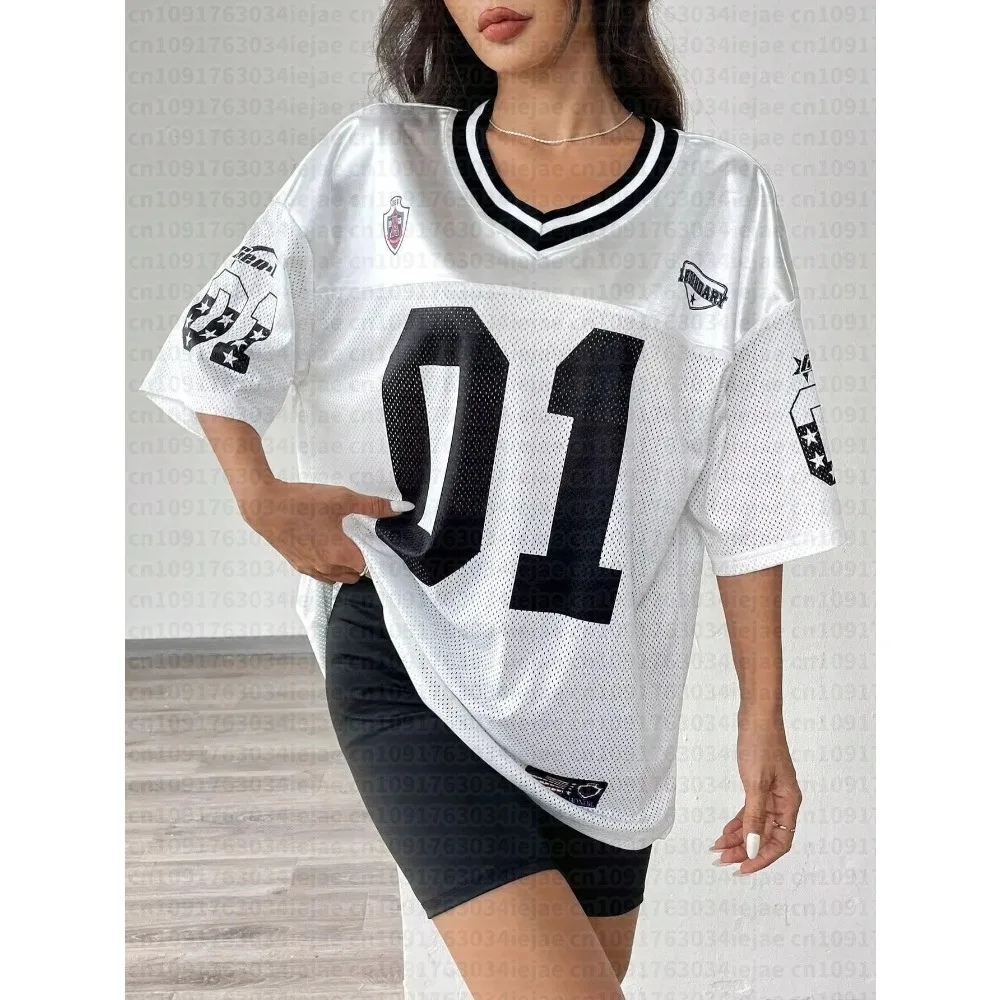 American Sports Fashion V-Neck T-Shirt Street Y2K Hip-Hop Jersey Women Loose Breathable Quick Drying Casual Sports Top