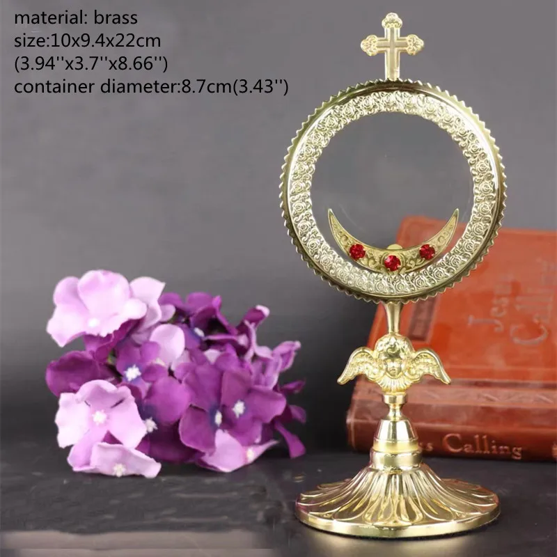 

Catholic Angel Holy Monstrance with Removable Circular Luna Brass Religious Baptism, Red Rhinestone, Home Decor, Church Supplies