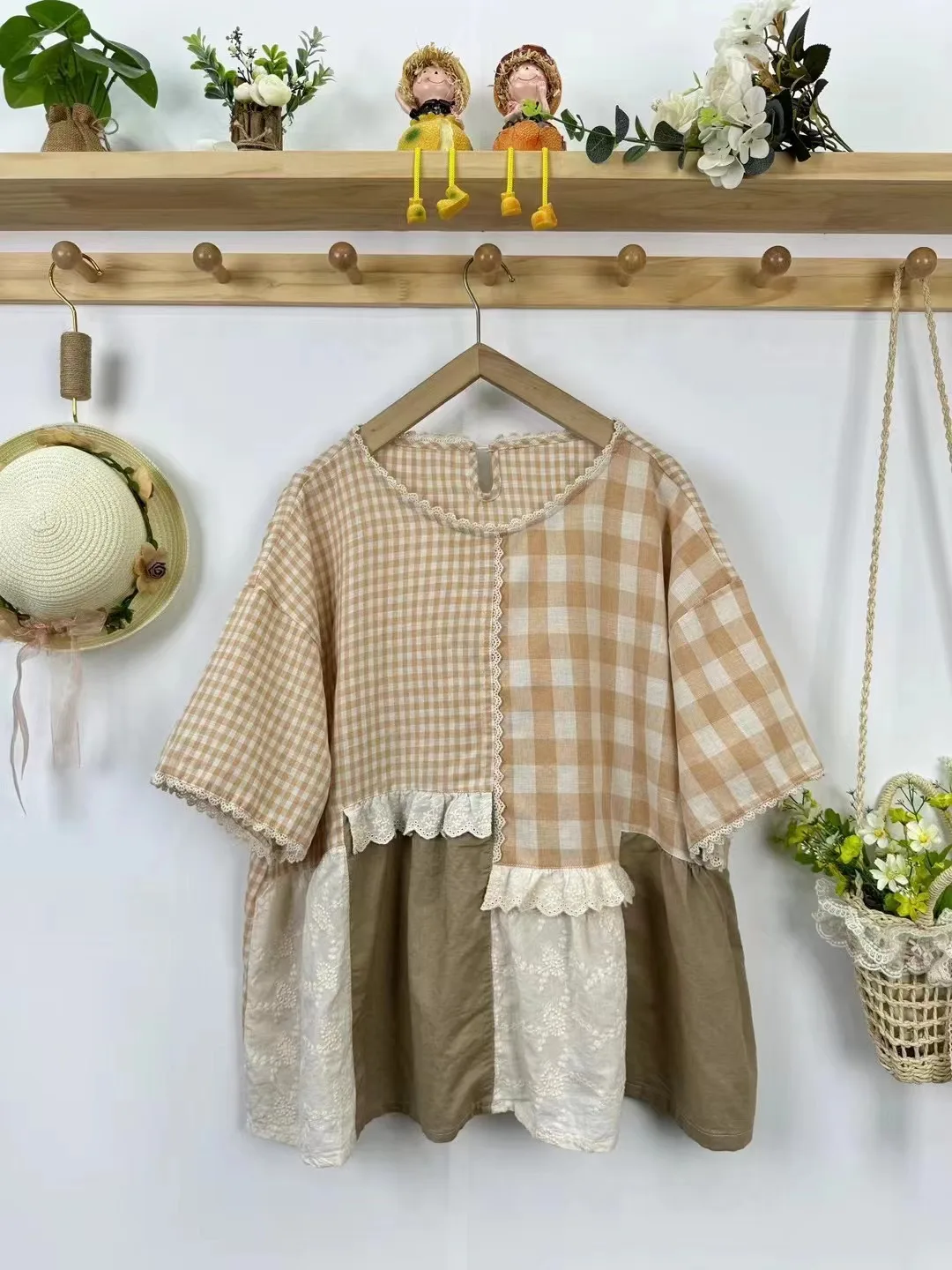 New Summer Cotton Linen Short Sleeve Shirt O Neck Lace Splicing Tops Mori Girl Casual Loose Sweet Blouse 2024 Autumn T46757QC