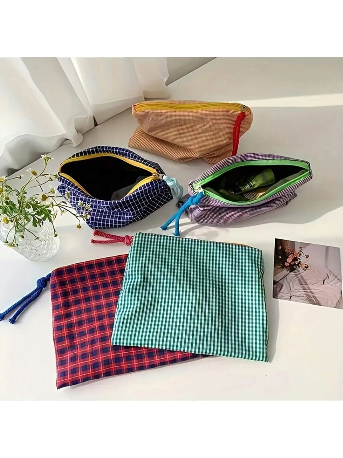 

Retro large color block makeup bag - spacious and multifunctional coin bag, classic small plaid pattern, durable zipper