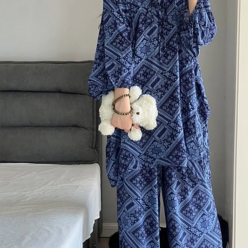 

Womens Pajamas Blue Plaid Print Long Sleeve Loose Home Clothes