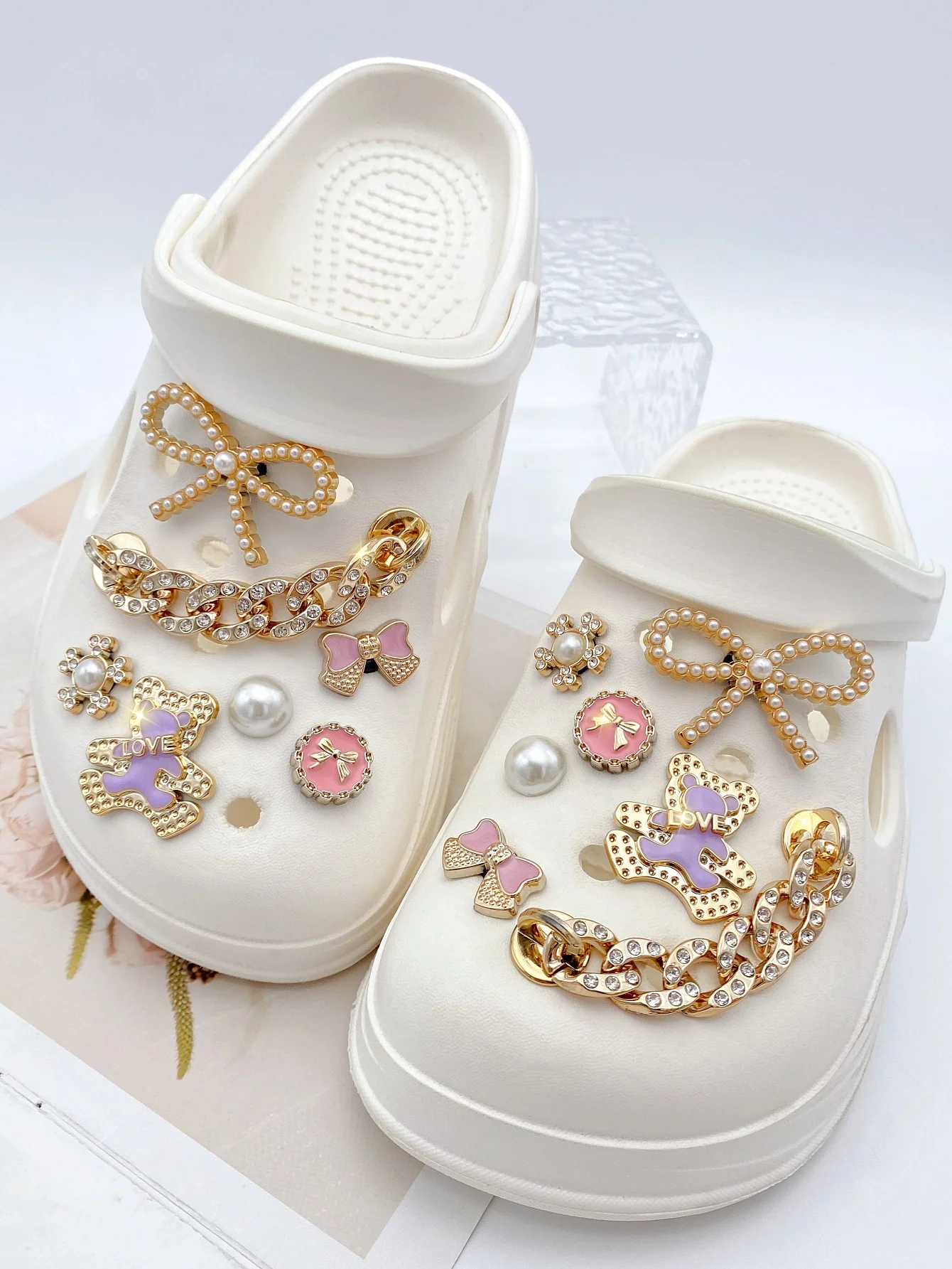 14 pieces of pink bow, golden diamond chain, purple letter bear, ABS pearl bow shoe accessories - easy-to-install detachable DIY