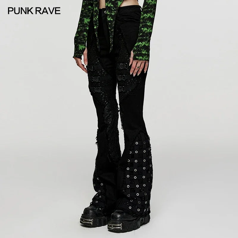 Imagem -02 - Punk Rave Feminino Estilo Punk Gaiola Elástica Denim Queimado Calças Personalizadas Legal Preto Outono Inverno