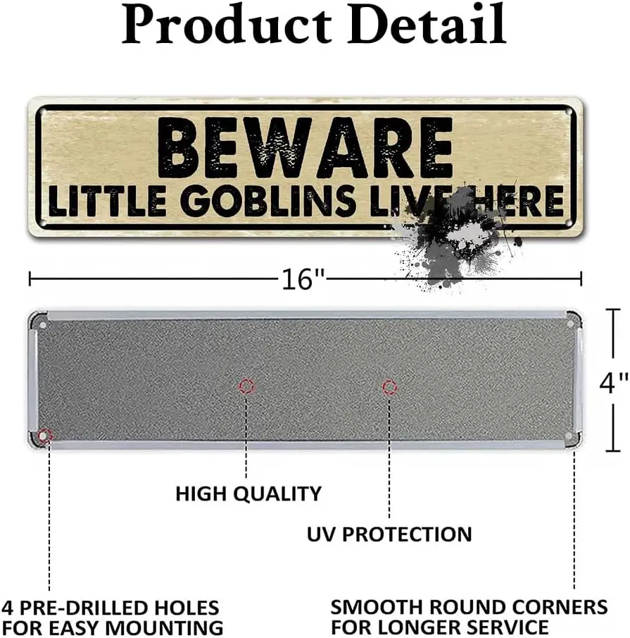 Funny Metal Tin Sign - Retro Style - Beware Little Goblins Live Here - Country Wall Decor Man Cave Decorative Signs 4x16 Inches