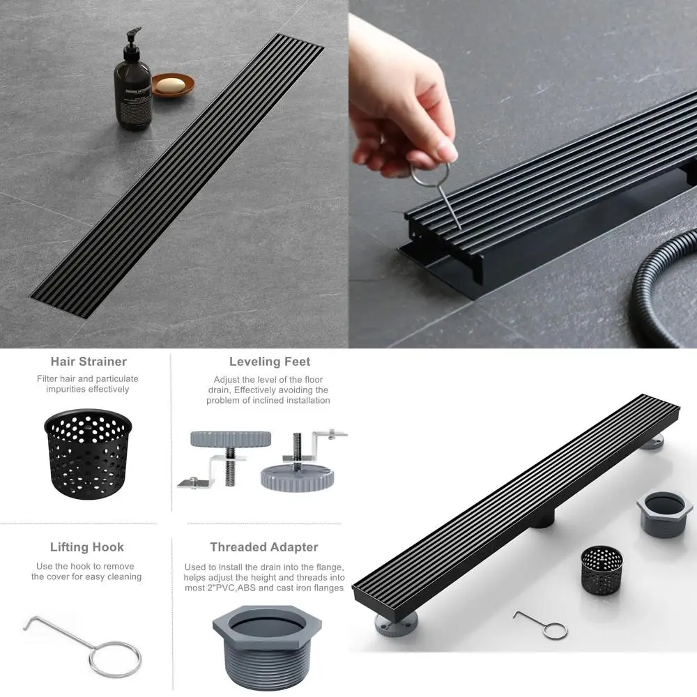 28 Inch Matte Black 304 Stainless Steel Linear Shower Drain with Removable Hair Strainer and Wedge Grate, CUPC Certified
