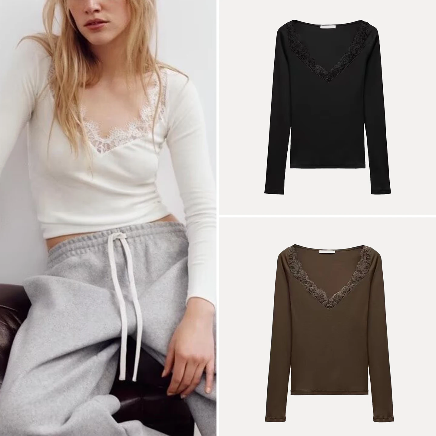 

Z Women's Faionable Versatile Lace Trim T-irt Base Layer 2025 New Sle Casual Fit Polyester Long Sve V-Ne