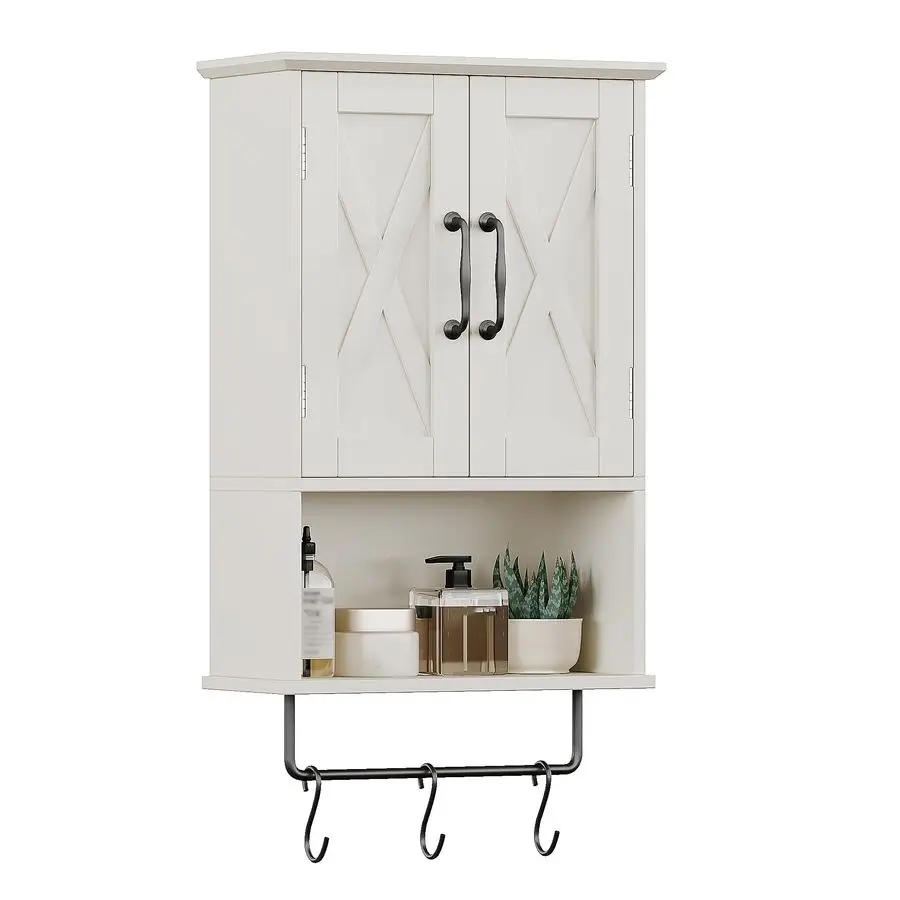

Farmhouse Medicine Cabinet, Bathroom Wall Cabinet with Adjustable Shelf, Towel Bar, 3 Hooks, Over The Toilet Storage Cabinet for