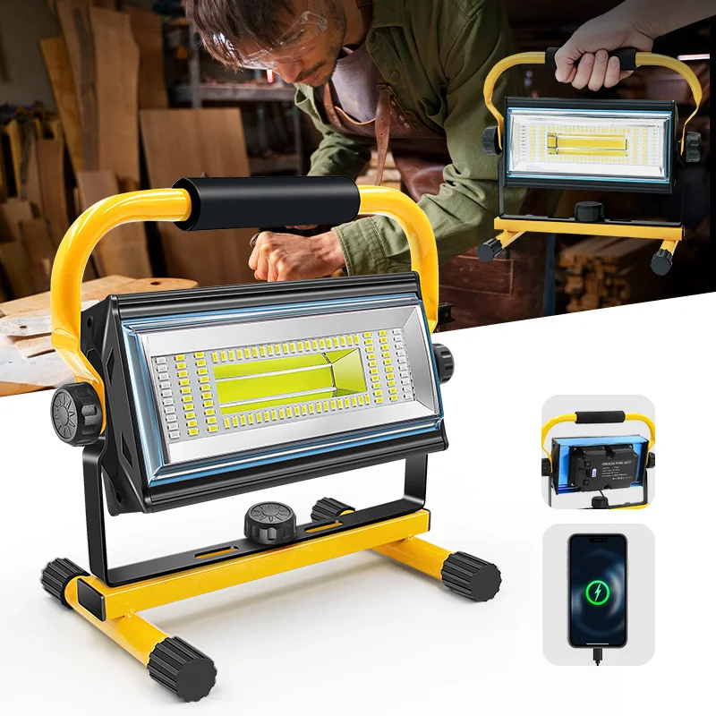 

100W COB Rechargeable LED Work Light, Super bright Floodlight, Waterproof Portable Flood Light with Stand for Outdoor Camping, H