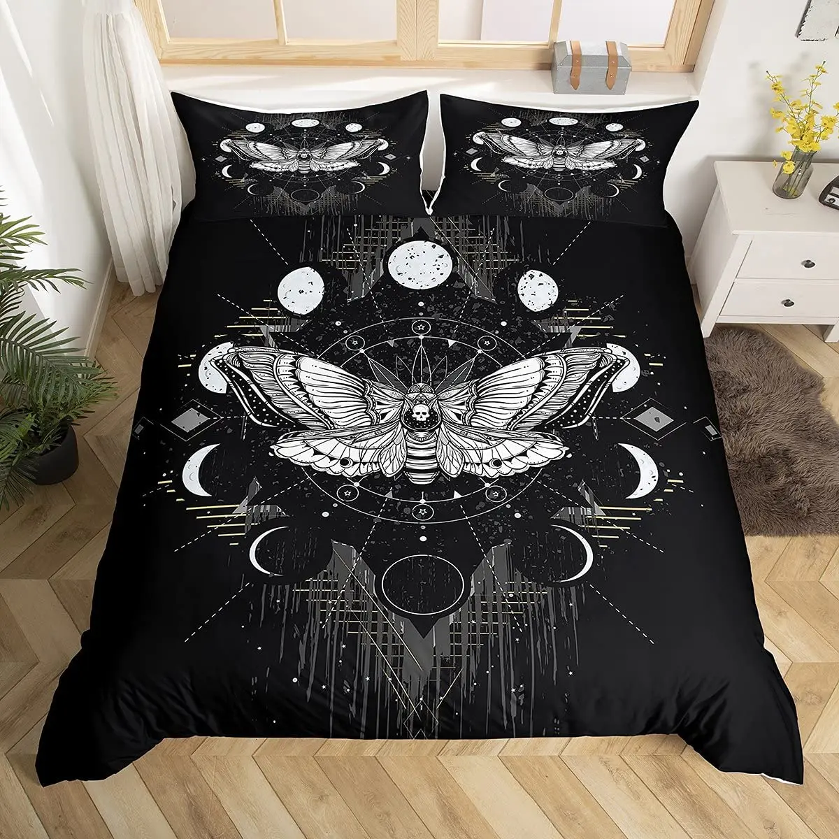 Death Moth Duvet Cover Set King Queen Full Twin Size Galaxy Sun and Moon Polyester Comforter Cover Boho Gothic Skull Bedding Set